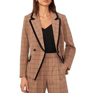 Halogen Windowpane Fringe Trim Double Breasted Blazer Old Money Tan Black 2X NEW